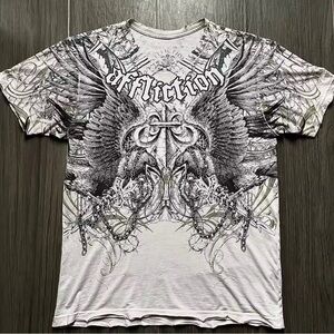 Affliction Black and White Short Sleeve Tee with Intricate Design